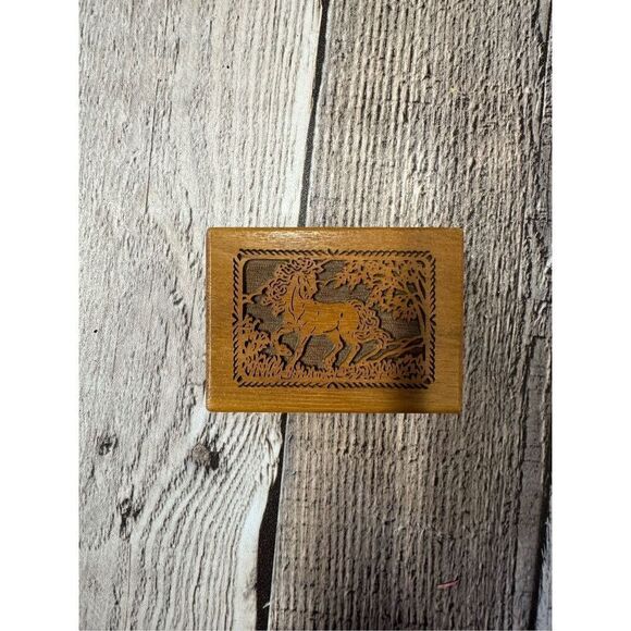Vintage Lasercraft Walnut Mini Wooden Unicorn Galloping In The Woods Music Box - Picture 1 of 3